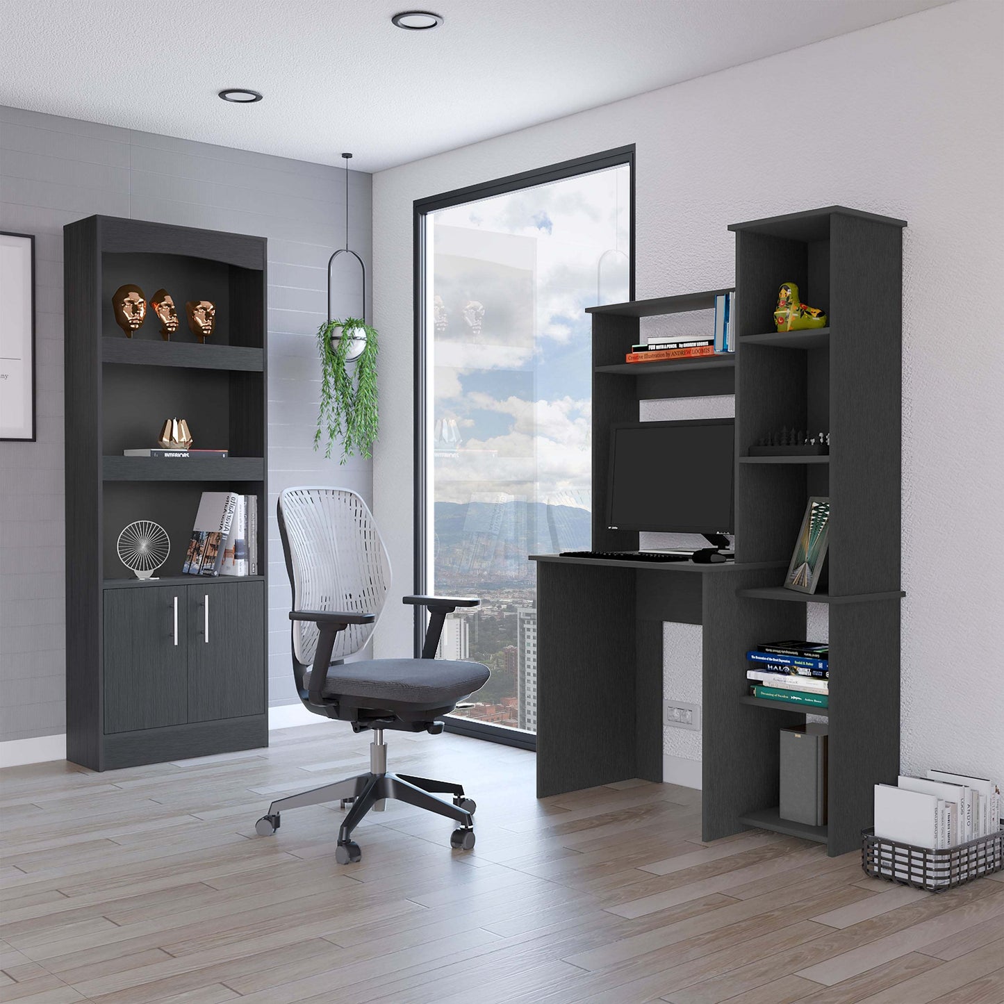 Detroit 2 Piece Office Set, Dozza Bookcase + Aramis Desk - Black