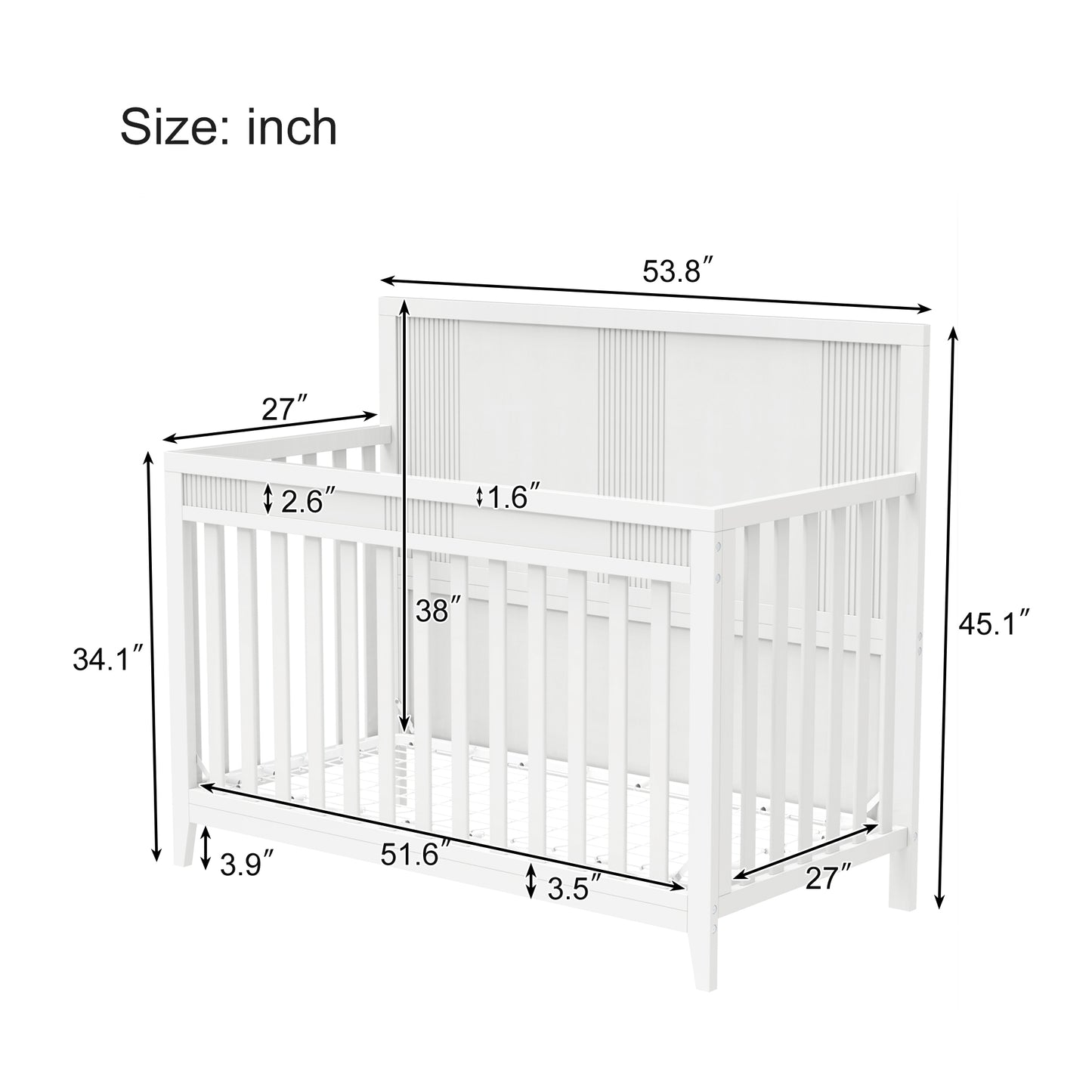 Clean Line Baby Crib Pine Solid Wood Non-Toxic  - White