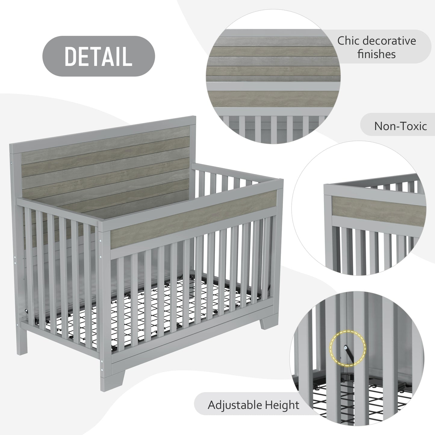 Solid Baby Crib Pine Non-Toxic  - Grey