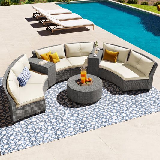 Hester 8 Pc Outdoor Rattan Wicker Half-Moon Sectional Sofa Set - Beige