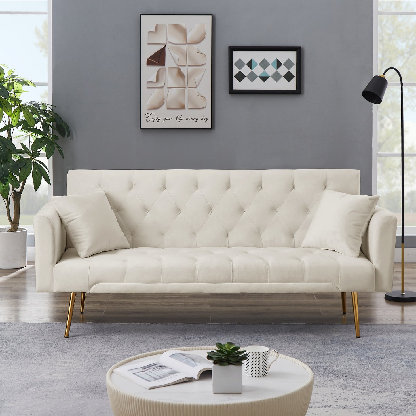 Kona Velvet Futon Sofa Bed with Metal Legs - Beige