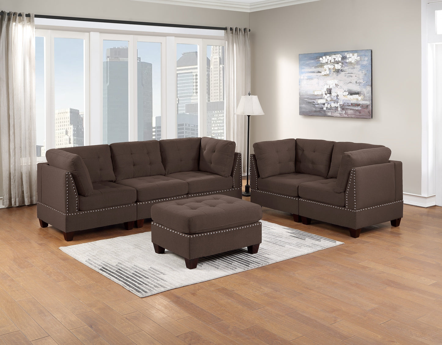 Eleni Modular Sofa Set 6pc Set  4x Corner Wedge 1x Armless Chair and 1x Ottoman  - Coffee