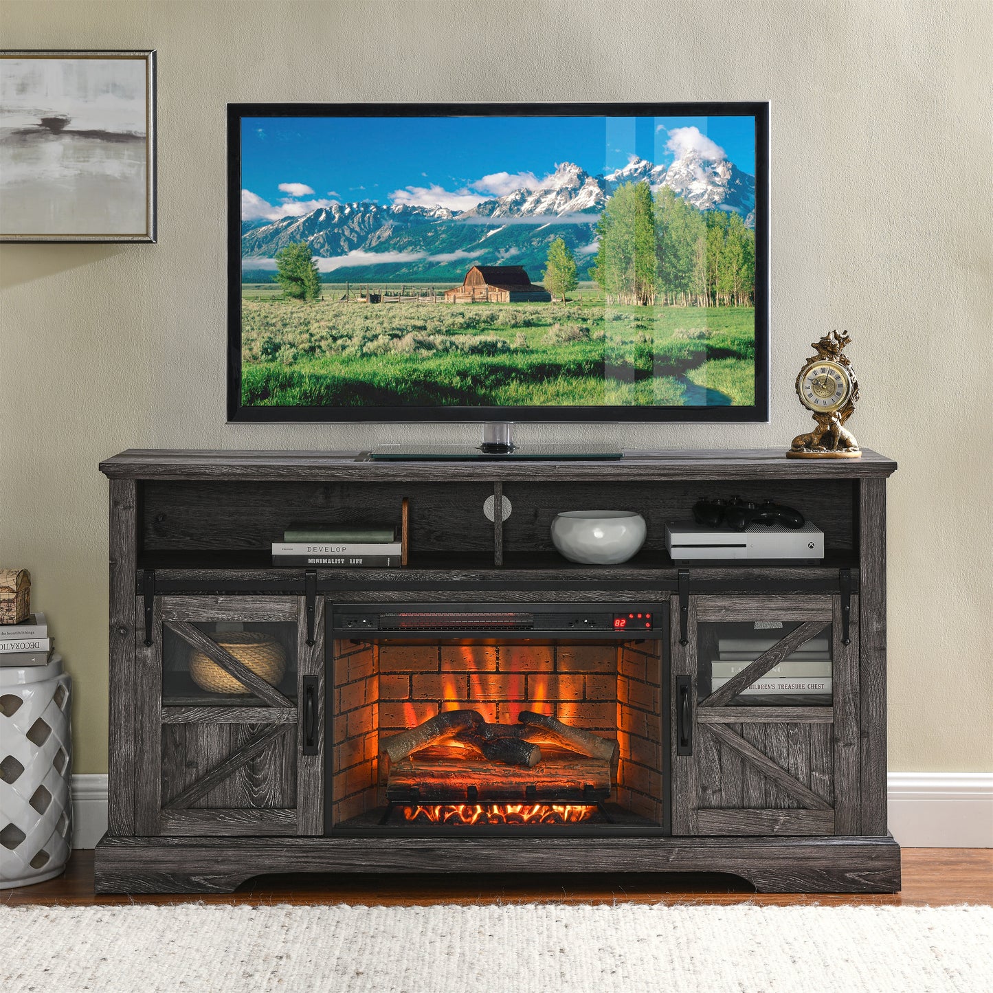 60 Inch Electric Fireplace  Entertainment Center With Door Sensor - Oak