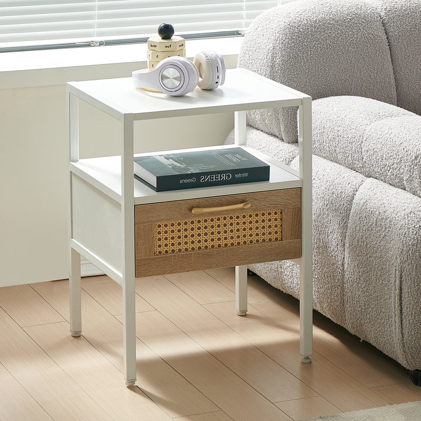 Rattan End table with  drawer Modern nightstand - White