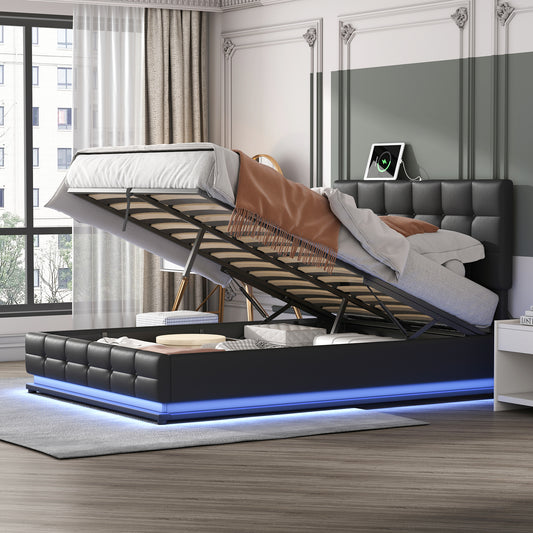 Luxury Dream Queen Bed with Smart Storage and LED Illumination - Black