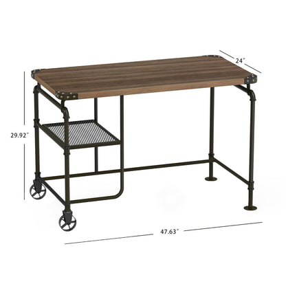 Industrial Metal Writing Desk With Wooden Top, Brown and Black