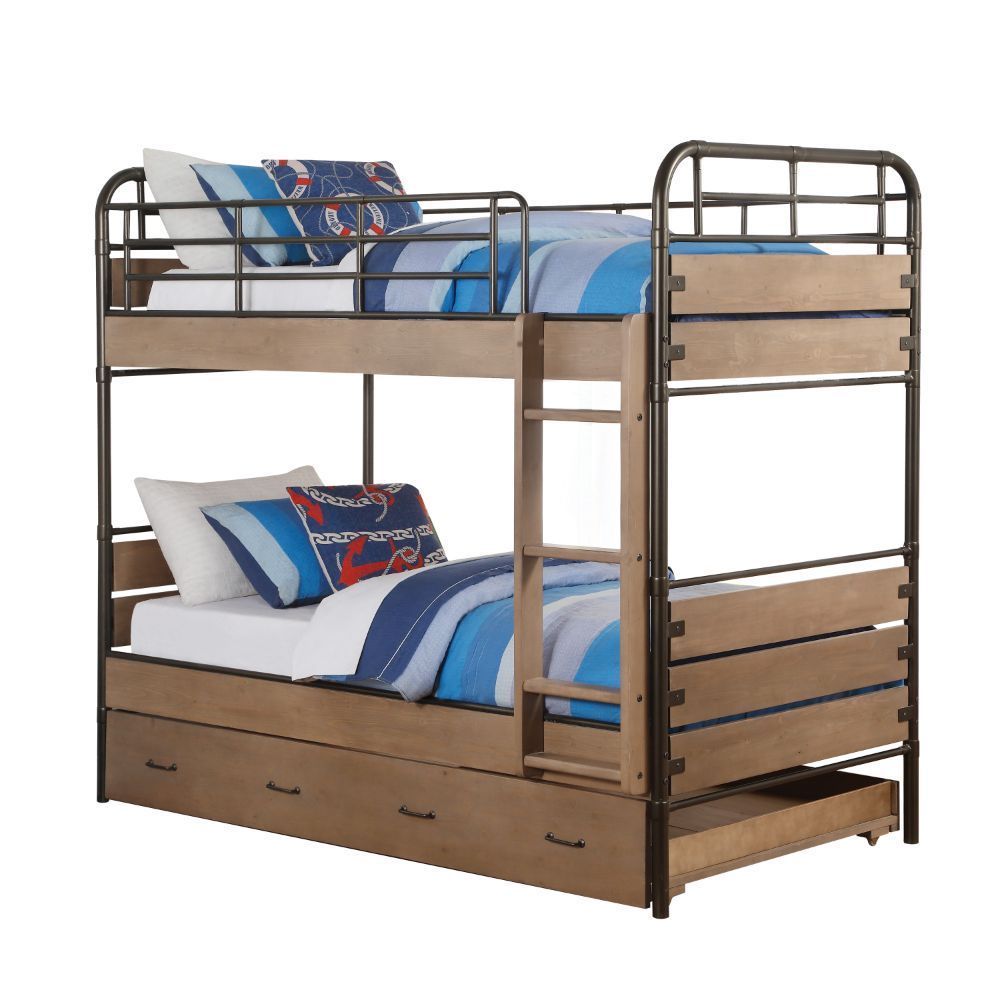 Youth Twin Bunk Bed in Gunmetal & Antique Oak with Trundle