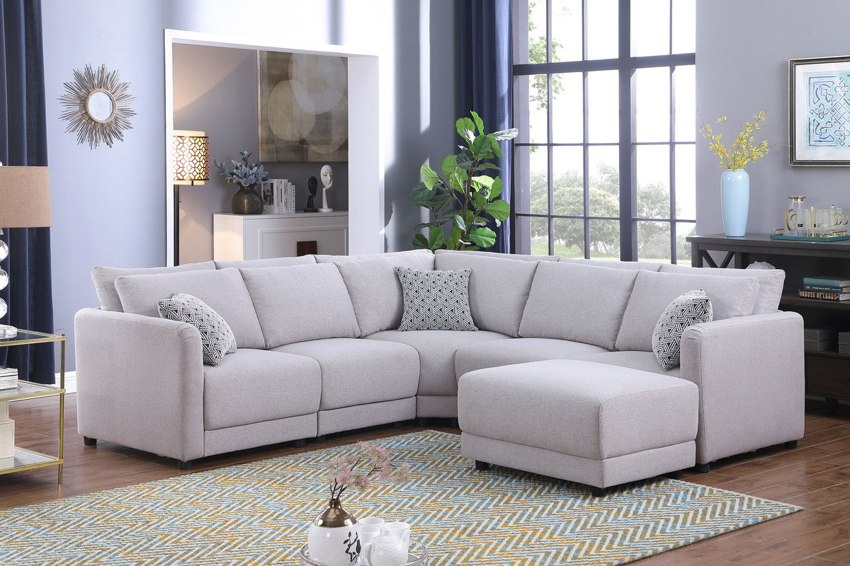 Penelope Linen Fabric Reversible L-Shape Sectional Sofa with Ottoman and Pillows -  Light Gray