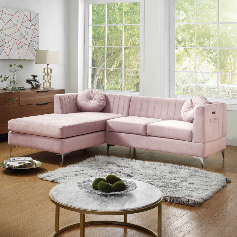 Chloe Velvet Sectional Sofa Chaise with USB Charging Port - Pink