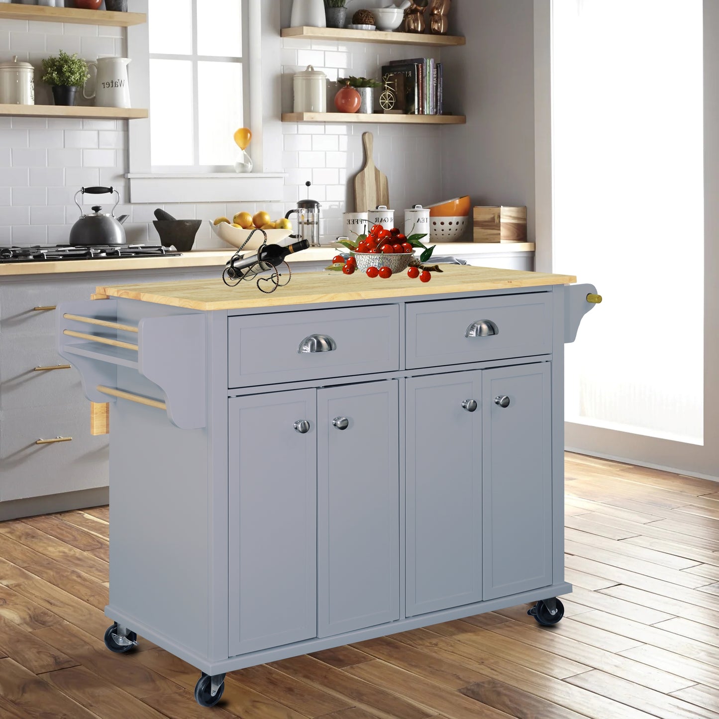 Culinary Wood Top Kitchen Island with Storage - Gray