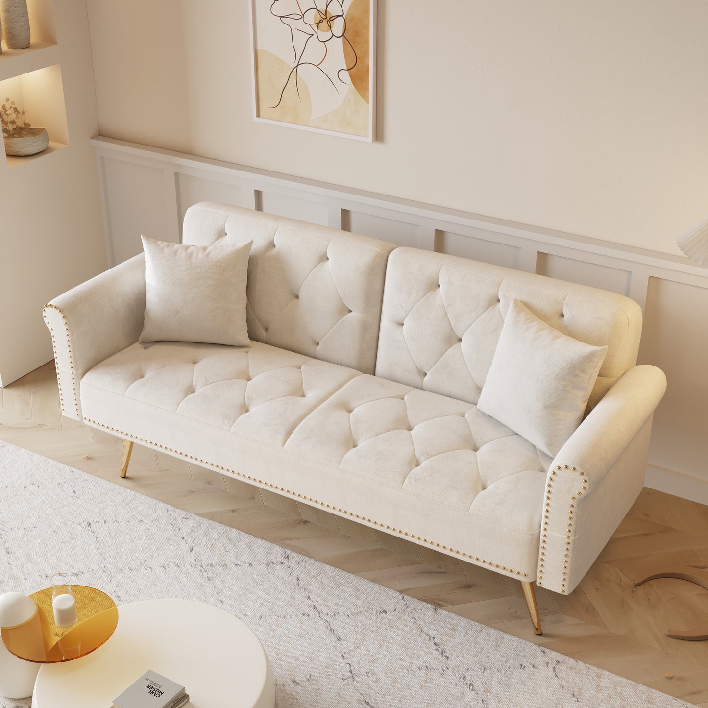 Uma Convertible Velvet Sofa Bed - Beige