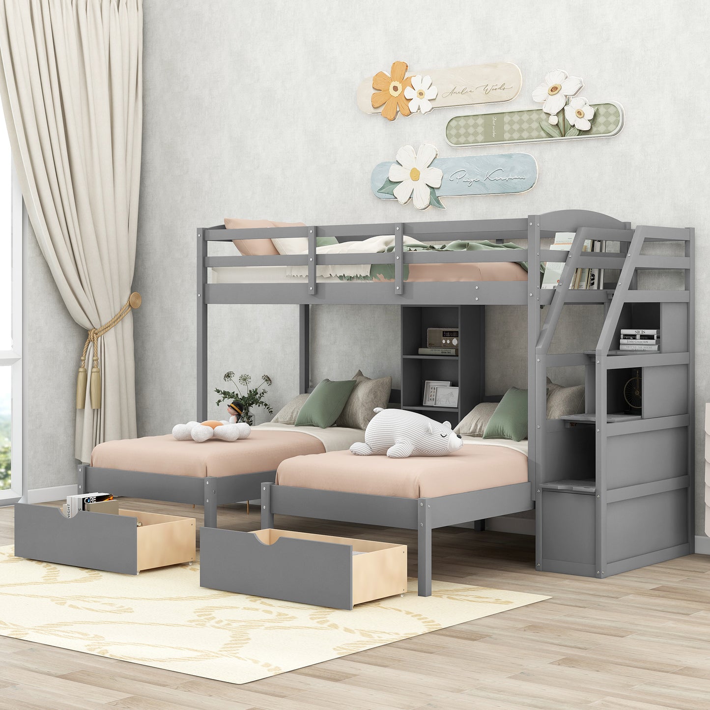 Family Set  Bunk Bed with Storage and Shelves