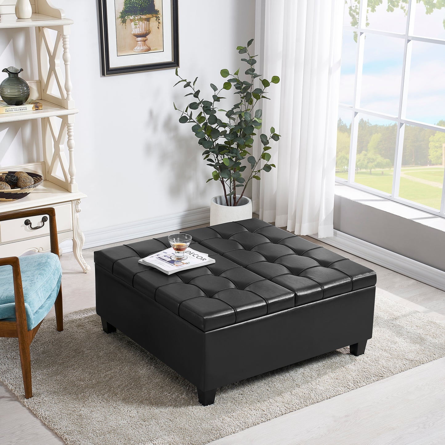 Square Faux Leather Storage Ottoman - Black