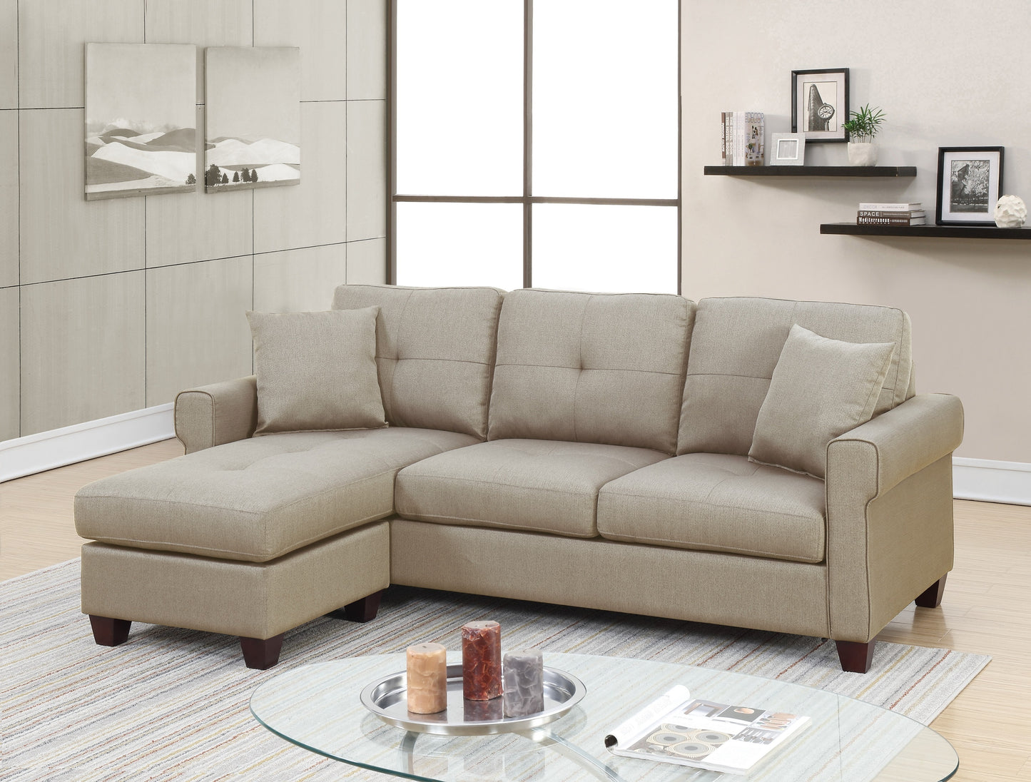 Freya Tufted Cushion Sectional Sofa Chaise  -  Beige