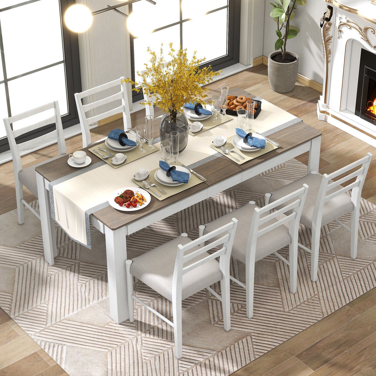 Viola 7pc Dining Set Extendable Table 6x Side Chairs - Brown+White