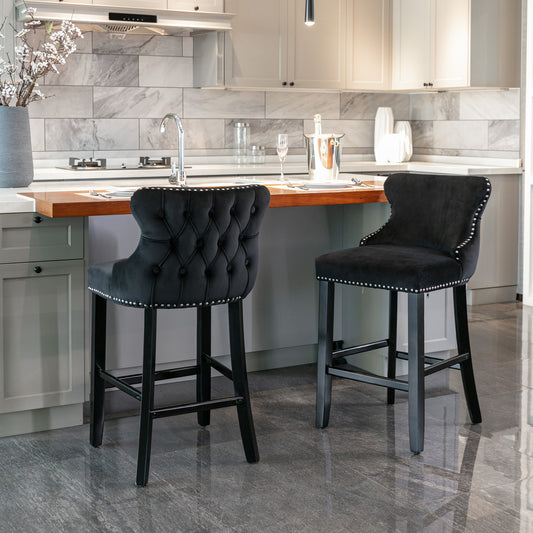 Velvet Wing-Back Barstools - Black Set of 2