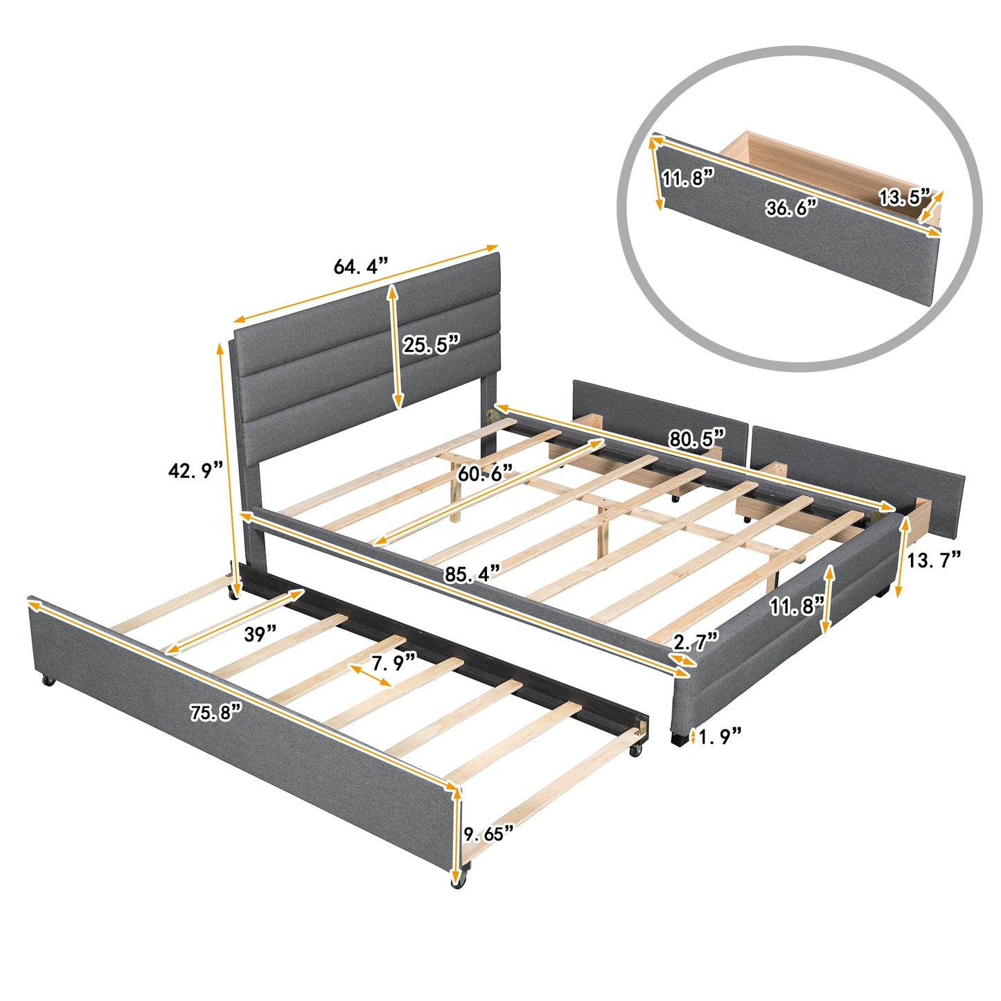 Eira Queen Size Upholstered Platform Bed with Trundle - Grey