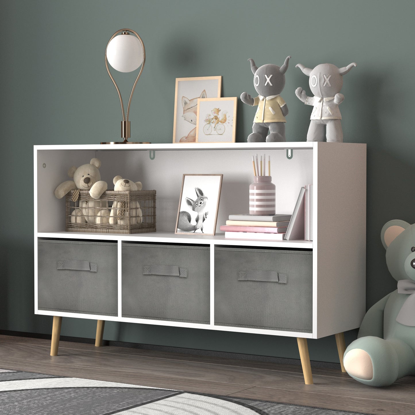 Kids bookcase with Collapsible Fabric Drawers - White+Gray