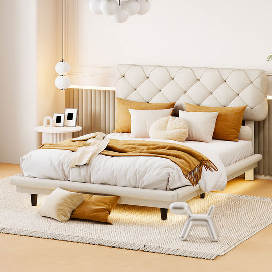 Joy Full Size Upholstered Bed with Light Stripe - Beige