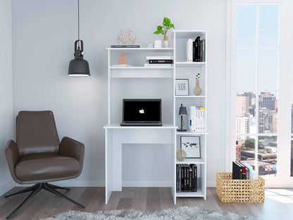 Pureline 6-Shelf Writing Desk with Integrated Bookcase - White