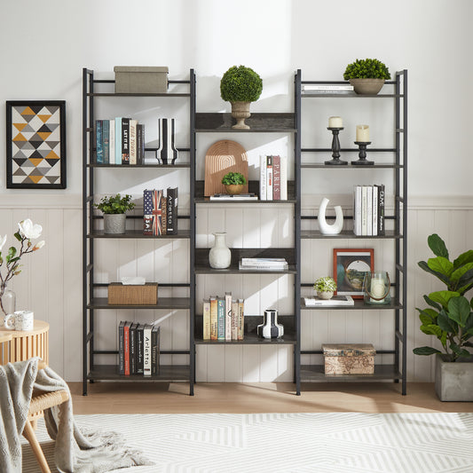 Triple Wide 5-shelf Bookshelves Industrial Retro Wooden Style - Dark Grey