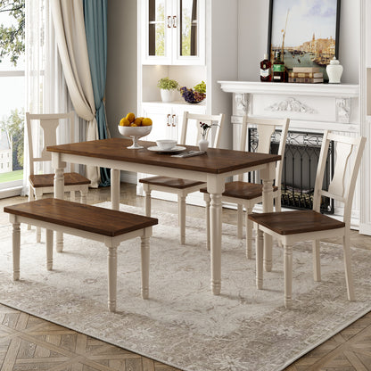 Trey 6pc Dining Set Wooden Table 4x Side Chairs And Bench - Brown+White