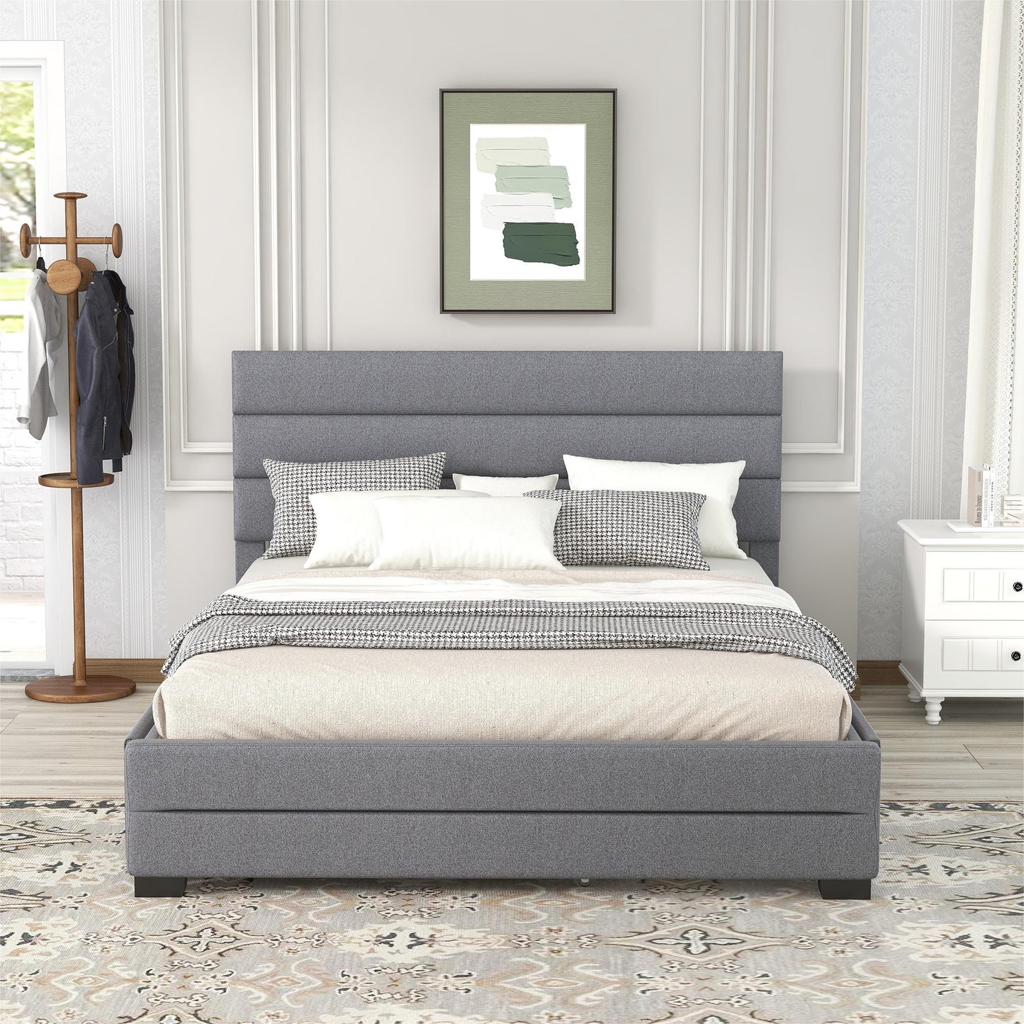 Eira Queen Size Upholstered Platform Bed with Trundle - Grey