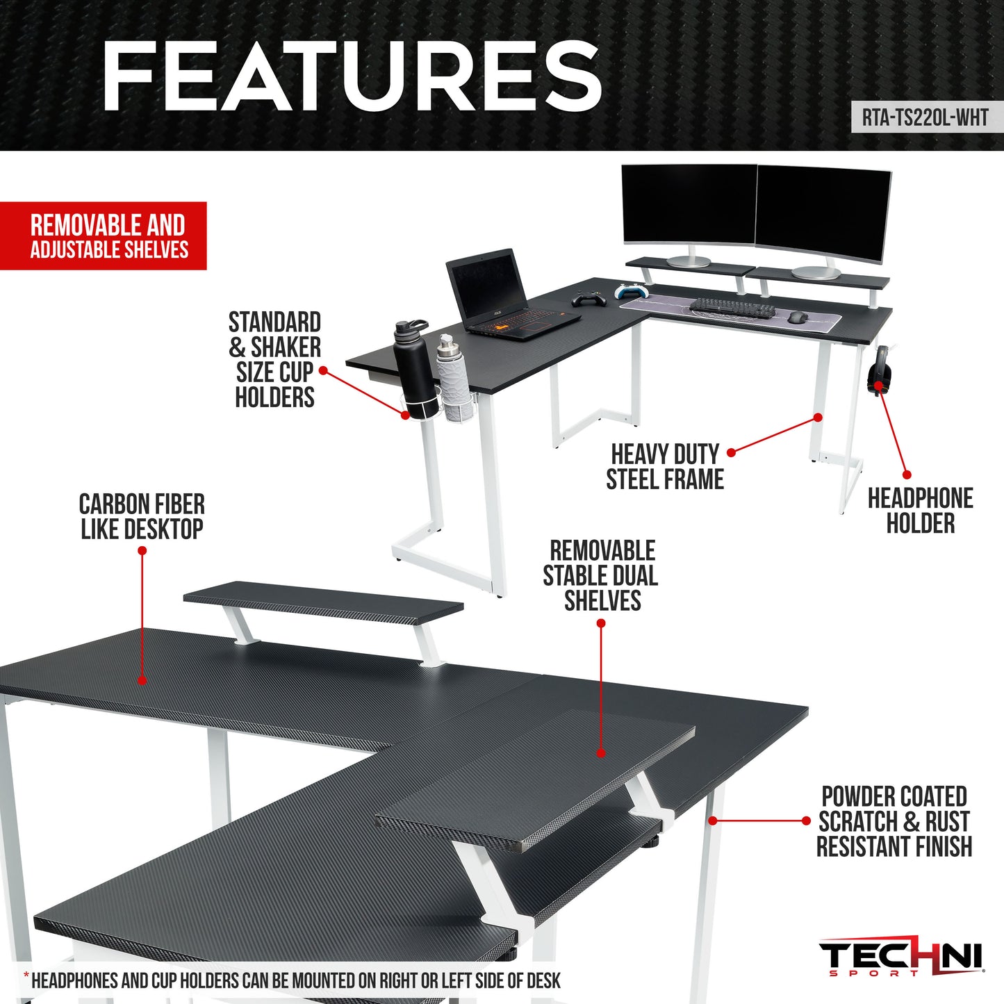 Sport Warrior L-Shaped Gaming Desk - White