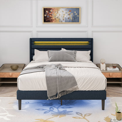 H1 Queen Size Bedframe with LED - Dark Blue