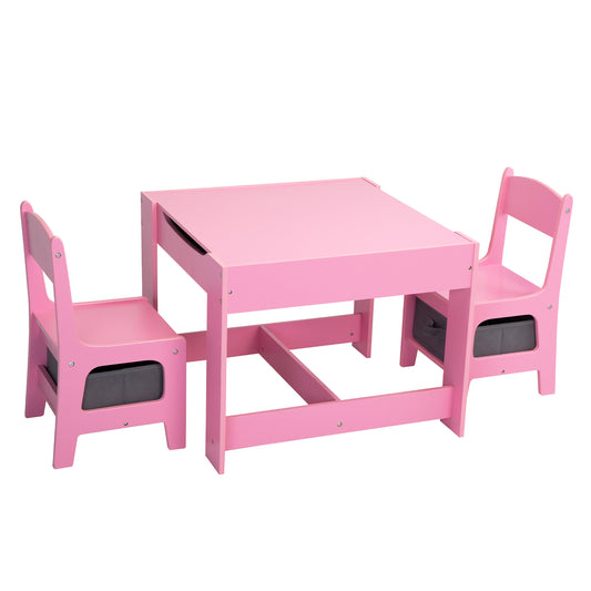 3-in-1 Kids Wood Table and 2 Chairs - Pink