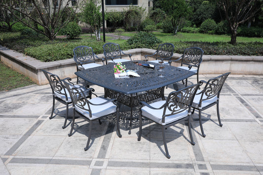 Otero 9 Pc 64" Aluminum Square Dining Set with Cushions - Silver