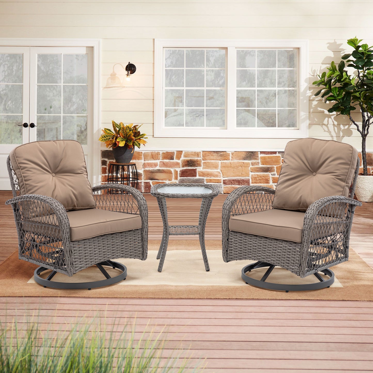 Tompkins 3 Pc Outdoor Swivel Rocker Patio Chairs - Khaki