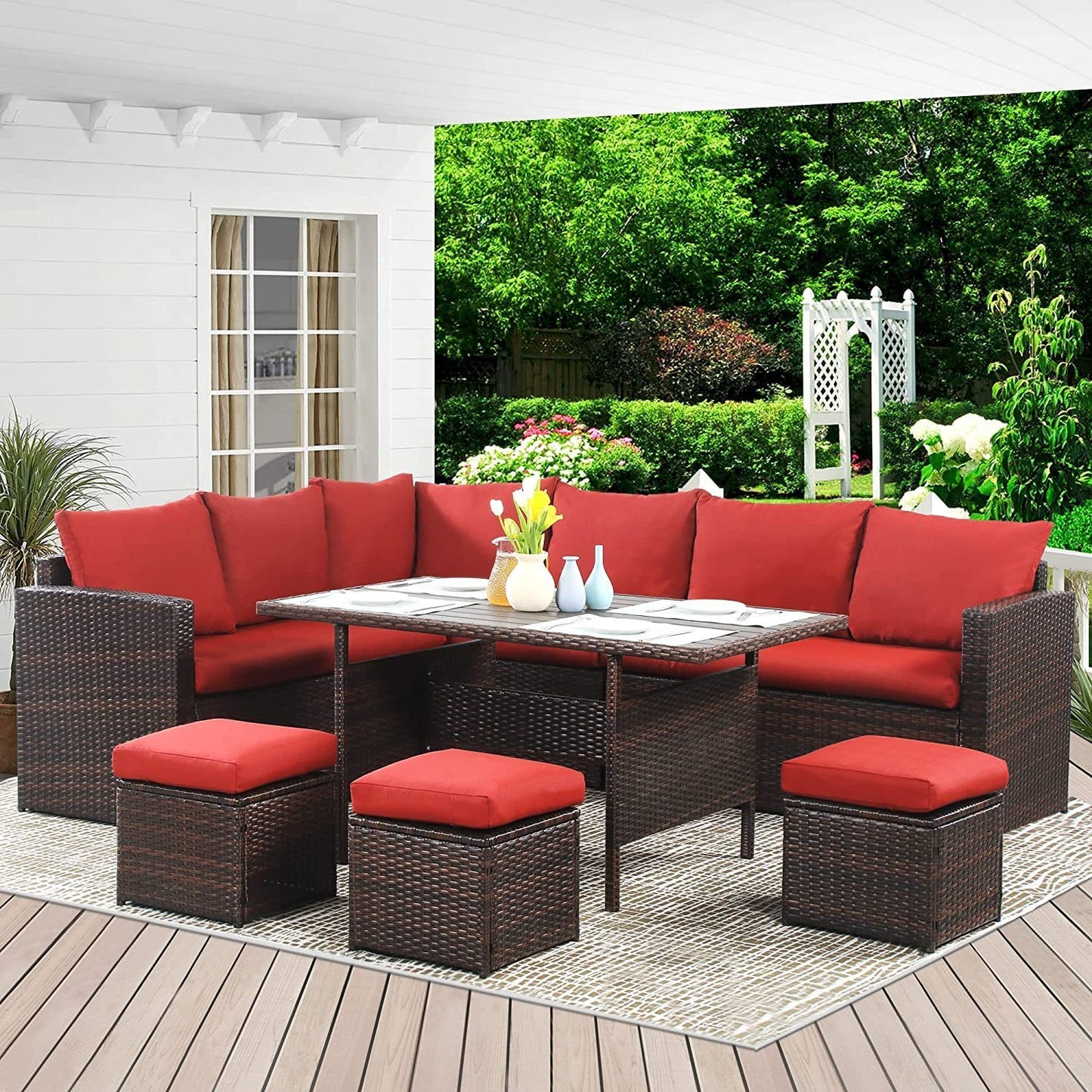 Kyoko 7 Pc PE Rattan Wicker Patio Dining Sectional Cusions Sofa Set - Red