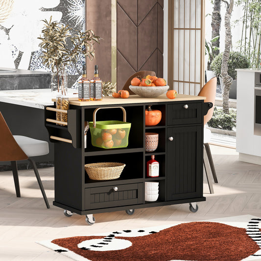 Retro Kitchen Island Cart with Storage Cabinet -Black