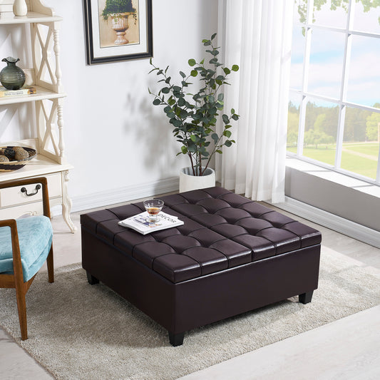 Square Faux Leather Storage Ottoman - Dark Brown