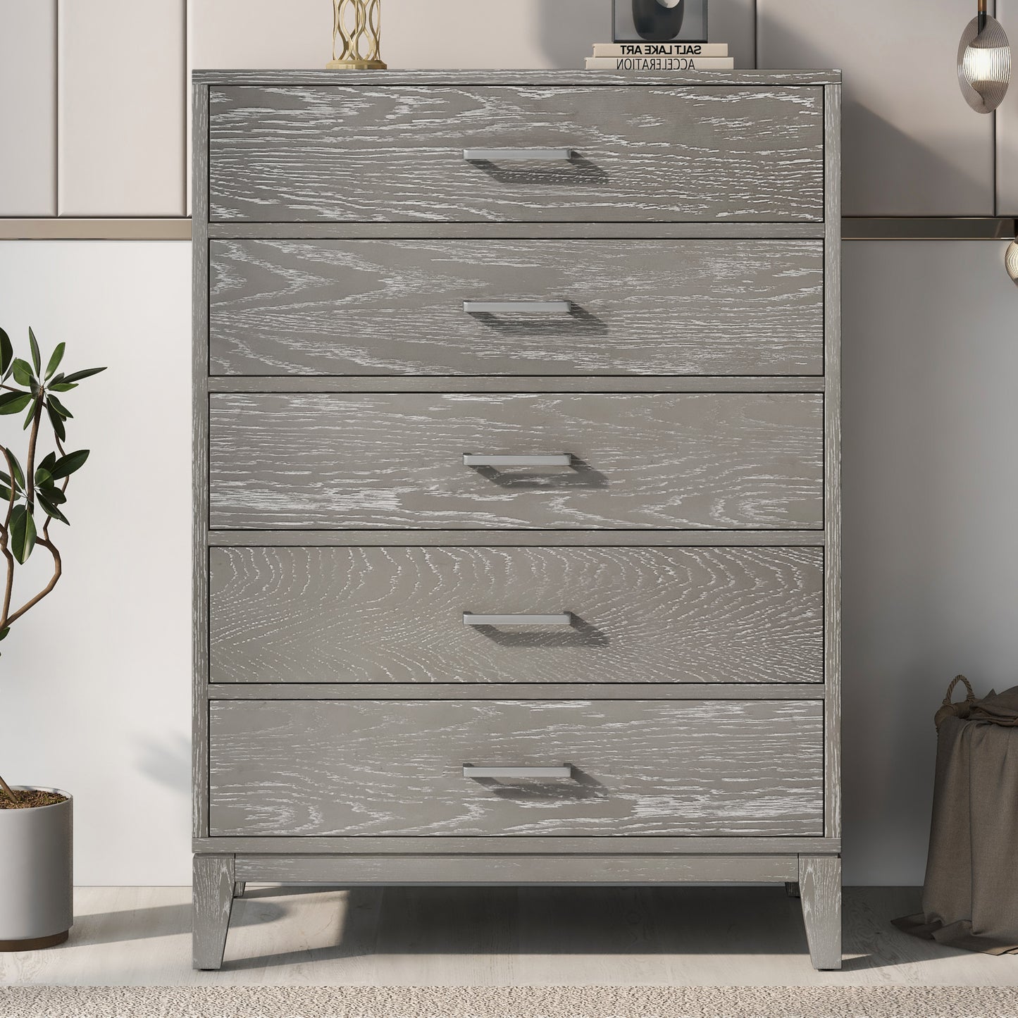 Elegant Essence Grey Wood Grain Five-Drawer Chest