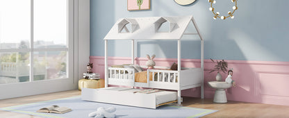 Dreamy Haven Twin House Bed with Trundle (White)