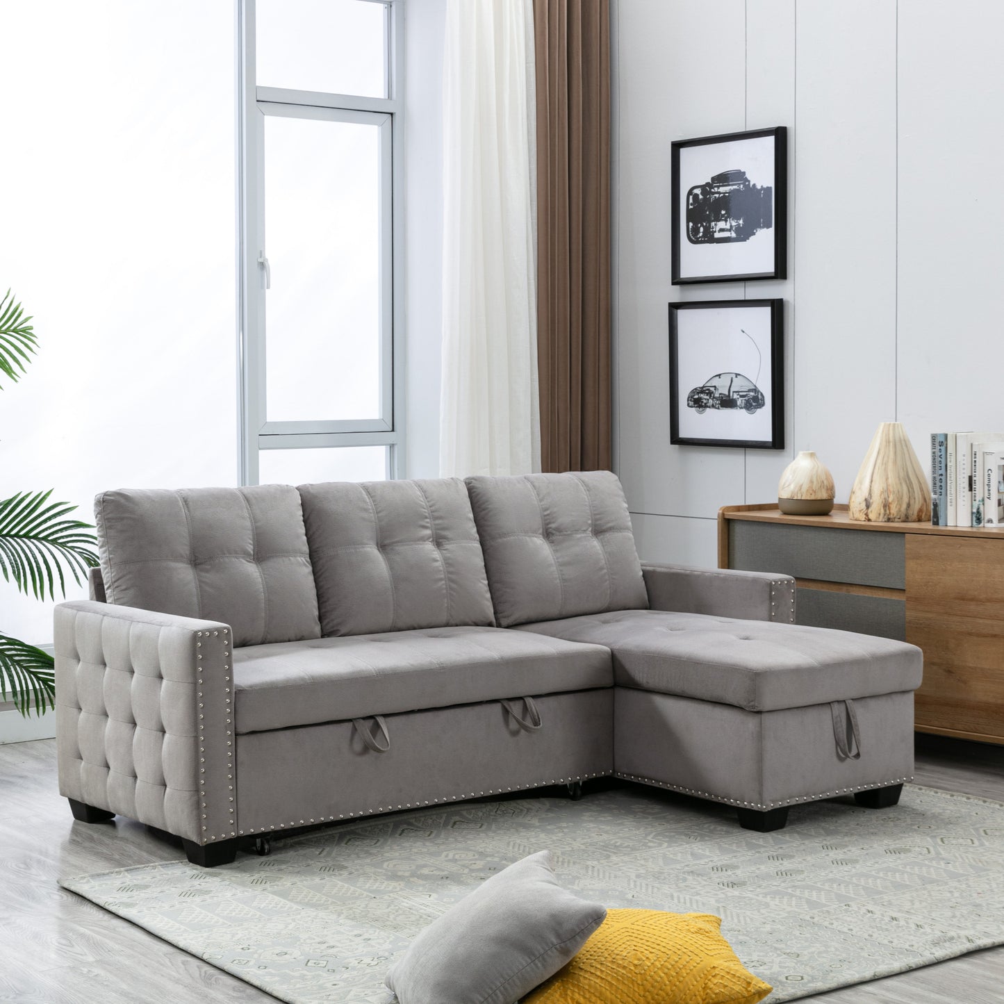 Eki Reversible Sectional Storage Sleeper Sofa Bed - Light Grey