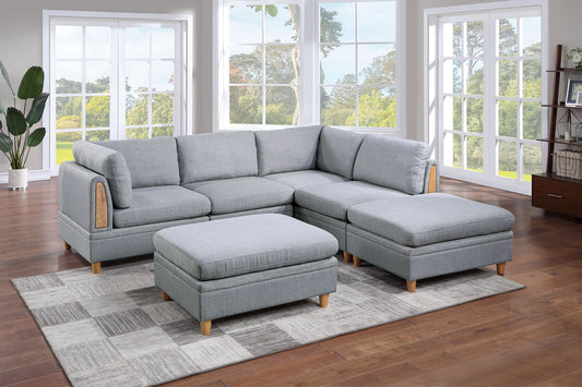 Felix 6pc Modular Sectional Sofa Set 2x Corner Wedges 2x Armless Chair And 2x Ottomans - Light Grey