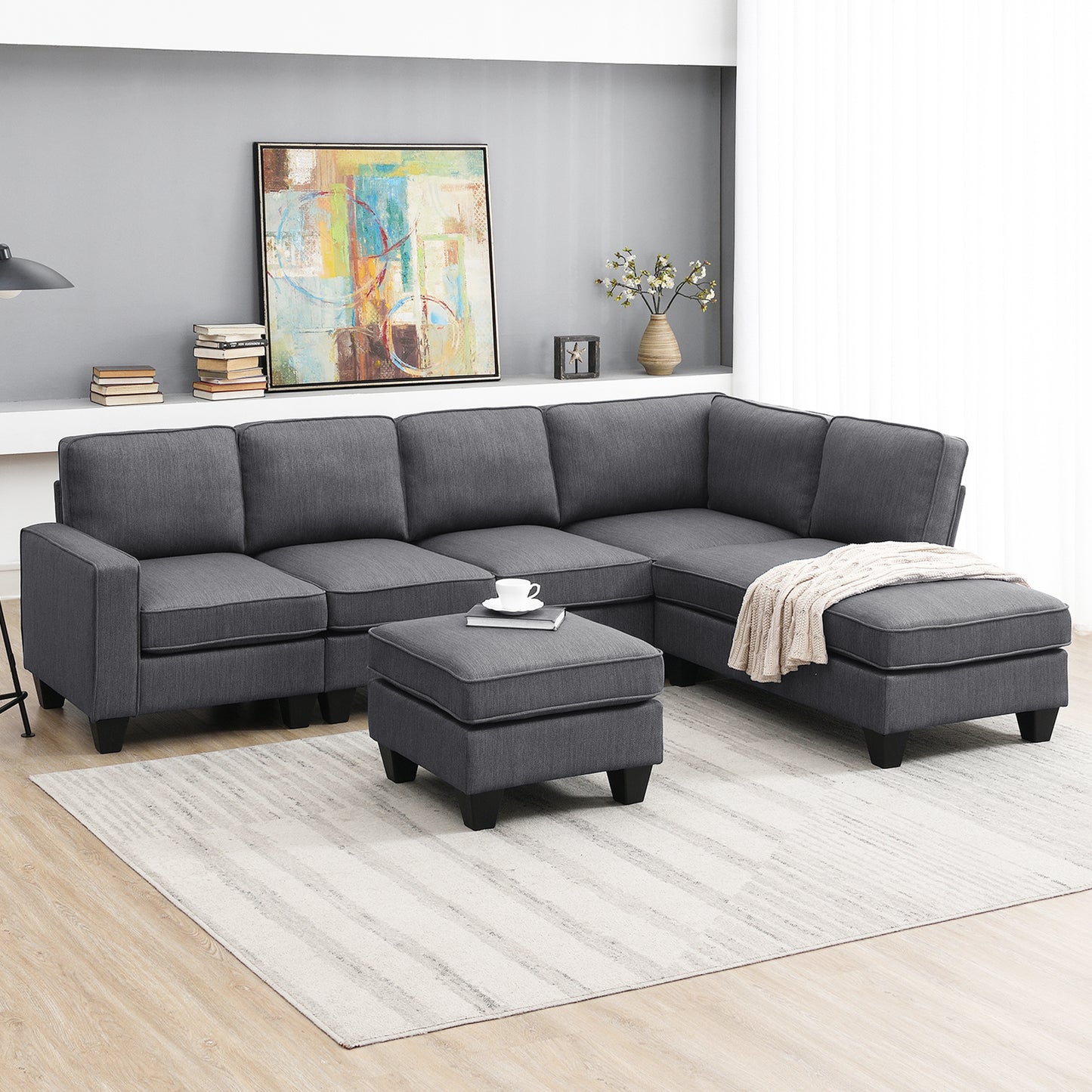 Vortex 7-seat Linen Fabric L-shaped Sectional Sofa - Gray