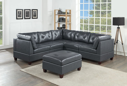 Sana Genuine Leather Sectional 6pc Set 3x Corner Wedge 2x Armless Chair 1x Ottoman - Black