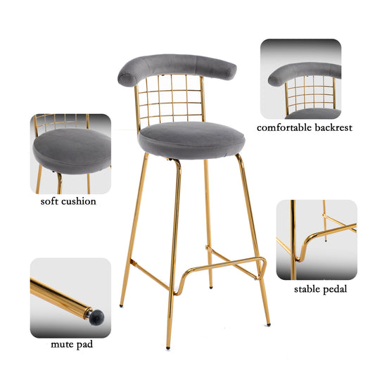 Retro Luxury Velvet  High Bar Stool  - Gray Set of 2