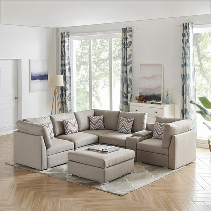 Amira Fabric Reversible Sectional Sofa with USB Console and Ottoman - Beige