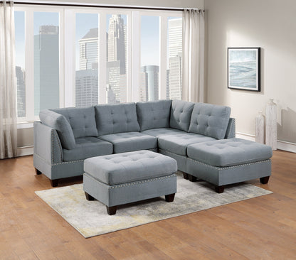 Eleni Modular  Sectional 6pc Set 2x Corner Wedge 2x Armless Chairs and 2x Ottomans - Gray