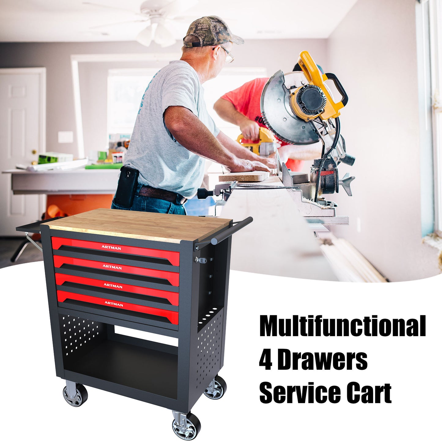 Master 4 Drawers Multifunctional Tool Cart With Wheels and Wooden Top