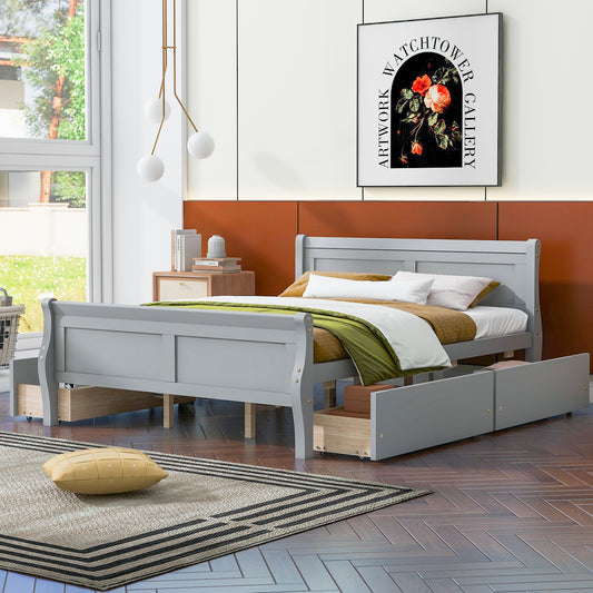 Meg Queen Size Wood Platform Bed with 4 Drawers - Gray