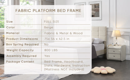 Elegant Full Size Platform Bed Frame - Beige