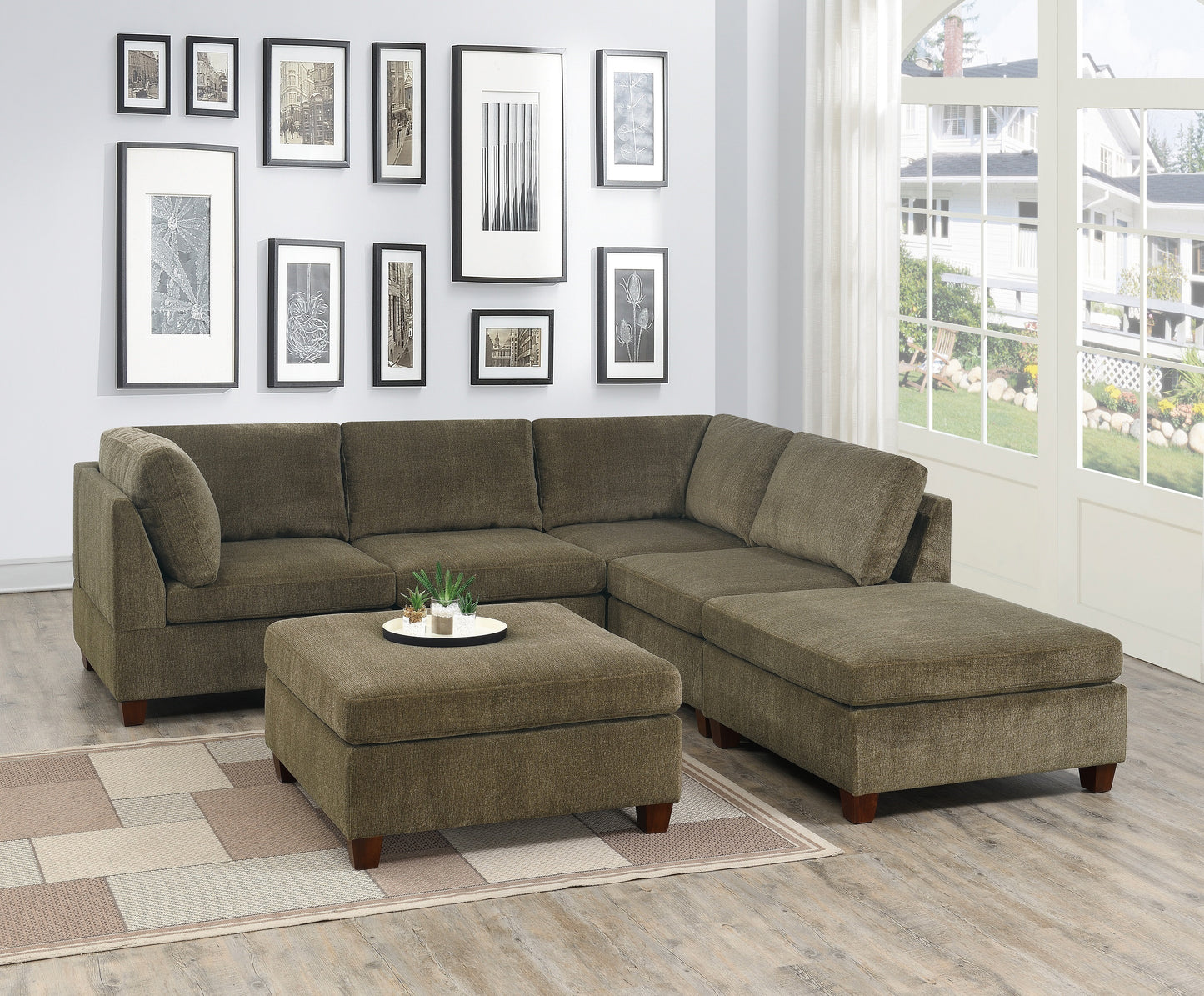 Verma Tan Chenille Modular Sectional 6pc Set 2x Corner Wedge 2x Armless Chairs and 2x Ottomans