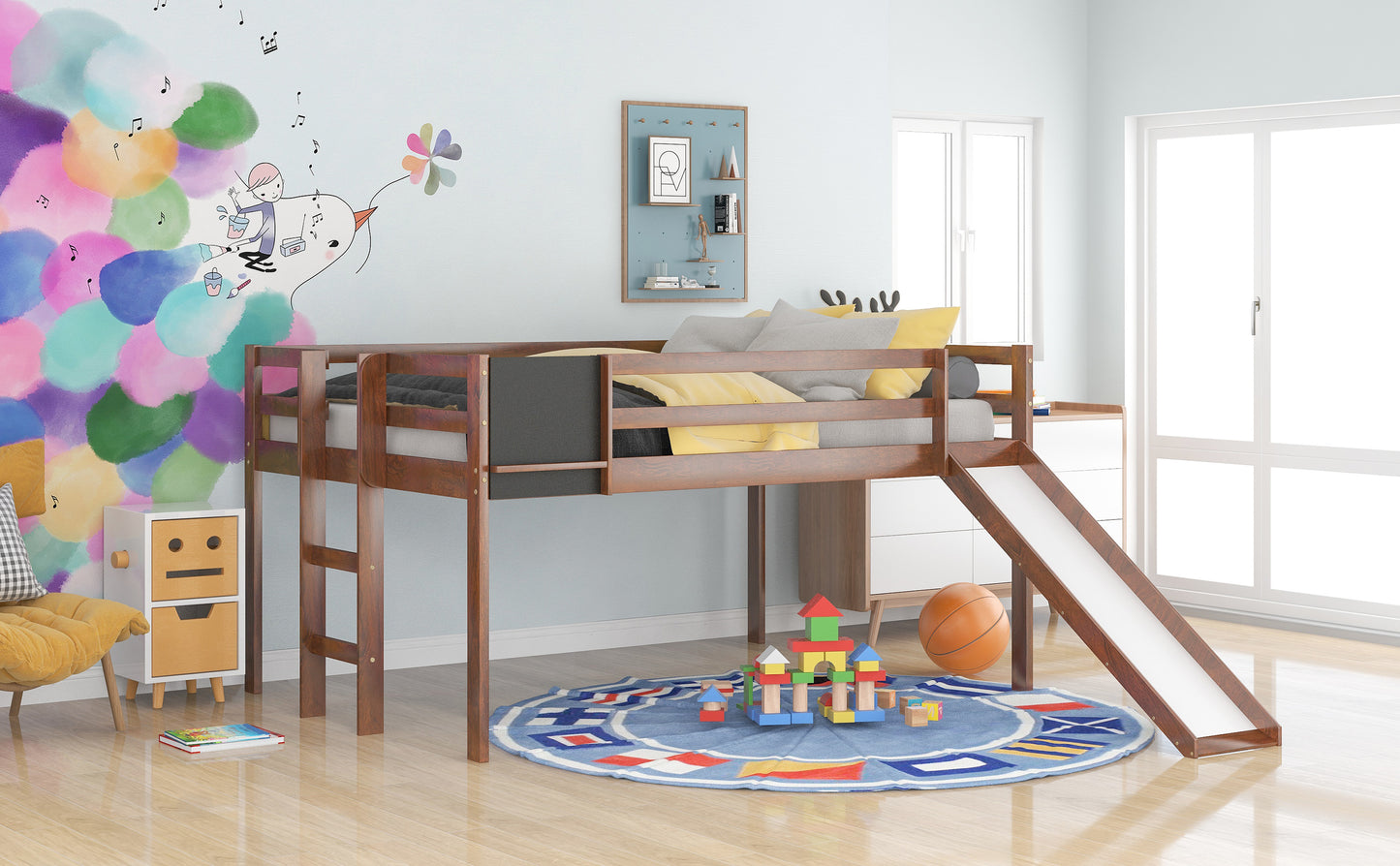 Wonderful Walnut Loft Bed with Slide and Chalkboard