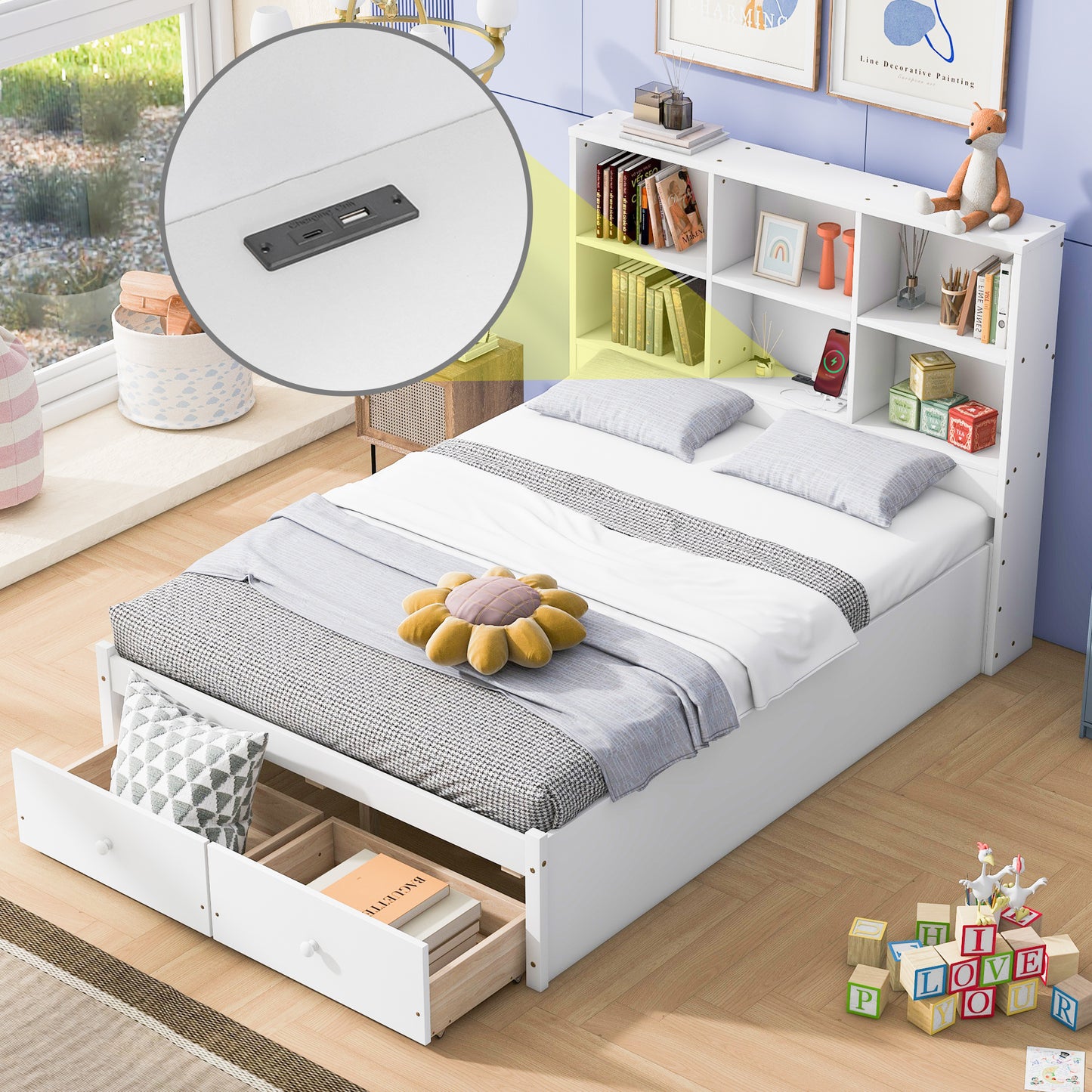 Jazz Full Size Platform Bed w 2 Drawers - White